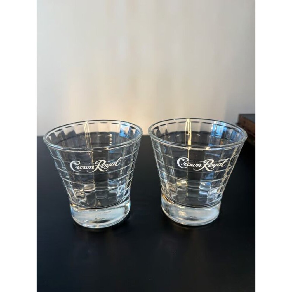 Crown Royal Rocks Glasses Pair Etched Logo Whiskey Tumblers Barware Collectible